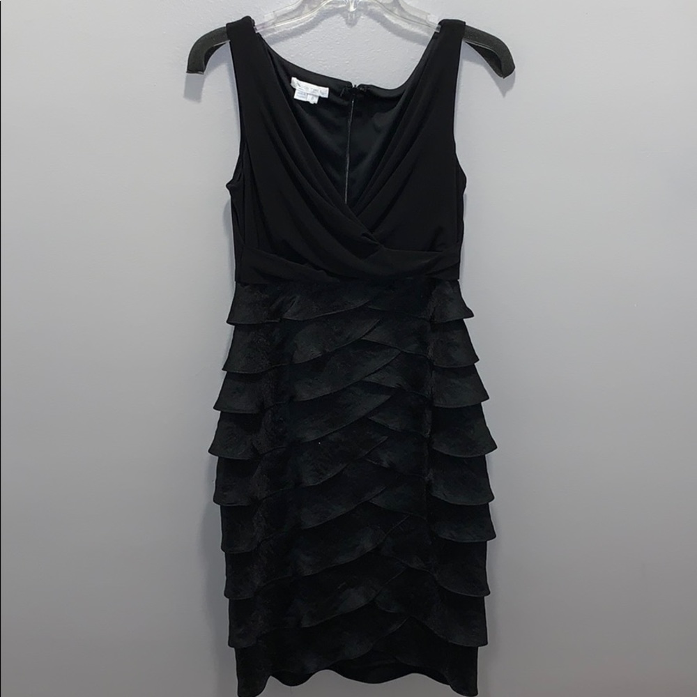 Black v neck midi dress with layered bottom